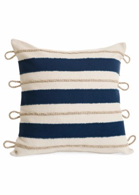 18" Sq Navy and White Stripes With Rope Stripes Decorative Coastal Pillow