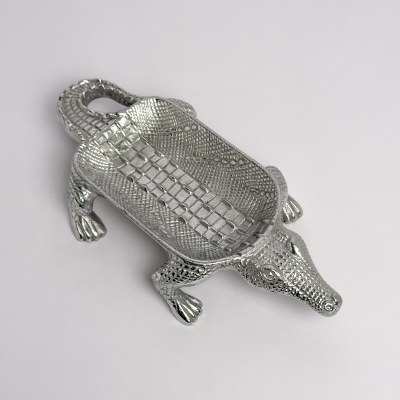 12" Silver Metal Footed Alligator Dish