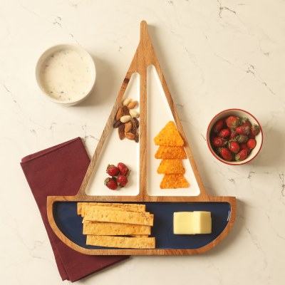 Blue and White Three Compartment Wood Sailboat Tray