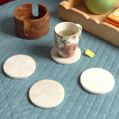 Set of Four White Marble Coasters With a Caddy