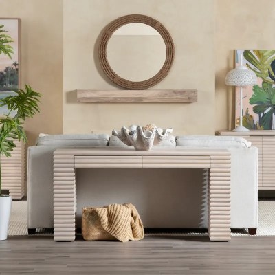 64" White Wash Two Drawer Ribbed Console Table