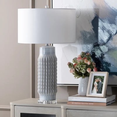 31" White and Gray Ribbed Ceramic Table Lamp