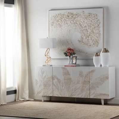 79" White and Natural Four Door Leaf Credenza