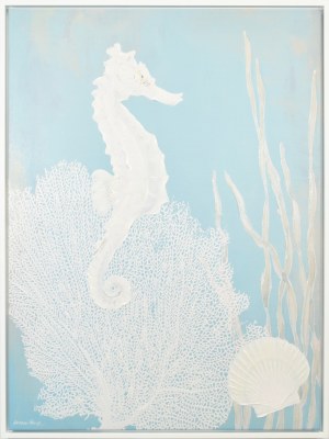 48" x 36" White Seahorse and a Scallop Shell Coastal Canvas in a White Frame