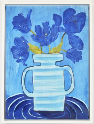 24" x 18" Dark Blue Flowers in a Vase Botanical Canvas in a White Frame