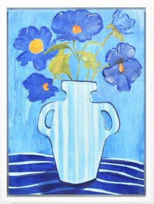 24" x 18" Blue and Yellow Flowers in a Vase Botanical Canvas in a White Frame