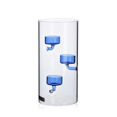 10" Clear Glass Vase With Three Blue Votive Holders Inside