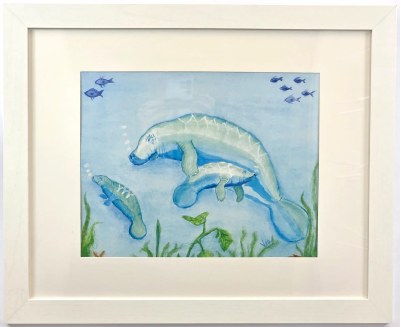 18" x 22" Manatee with Baby Framed Wall Art Under Glass