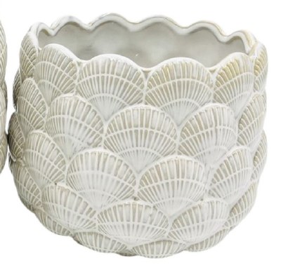 7" Round Distressed White Ceramic Scallop Shell Pot