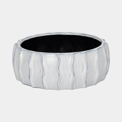 11" Round White and Light Blue Ceramic Ribbed Bowl