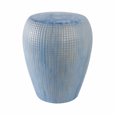 15" Round Blue Grid Ceramic Stool