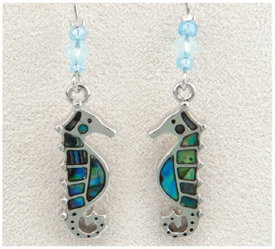 Silver Toned and Abalone Enamel Seahorse Earrings