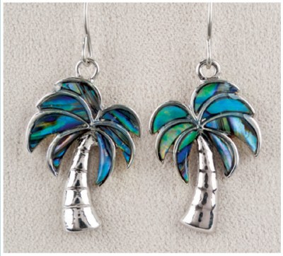 Silver Toned and Abalone Enamel Palm Tree Earrings