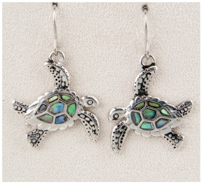 Silver Toned and Abalone Enamel Fancy Sea Turtle Earrings