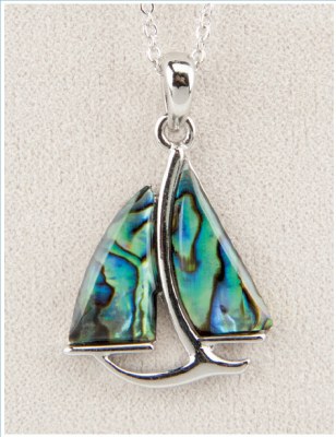 Silver Toned and Abalone Enamel Sailboat Necklace
