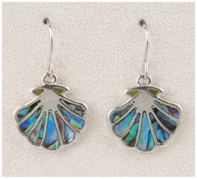 Silver Toned and Abalone Enamel Scallop Shell Earrings