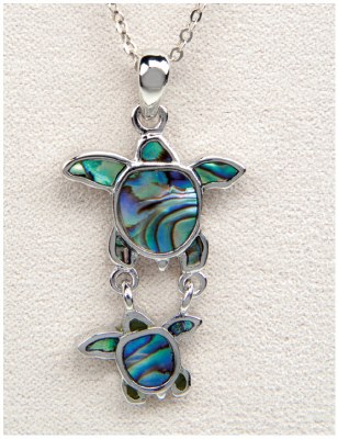 Silver Toned and Abalone Enamel Sea Turtle With a Baby Necklace
