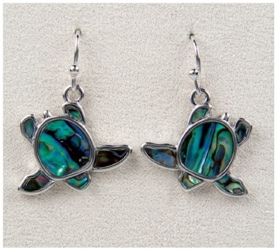 Silver Toned and Abalone Enamel Sea Turtle Earrings