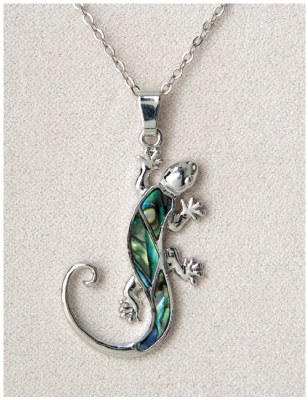 Silver Toned and Abalone Enamel Gecko Necklace