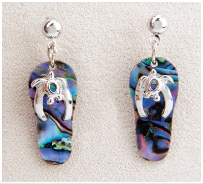 Silver Toned and Abalone Enamel Sea Tutle Flip Slop Earrings