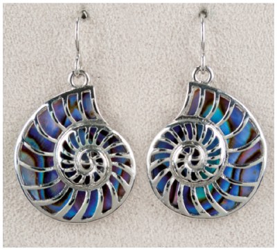 Silver Toned and Abalone Enamel Nautilus Shell Earrings