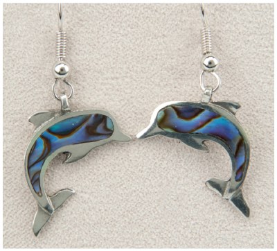 Silver Toned and Abalone Enamel Dolphin Earrings