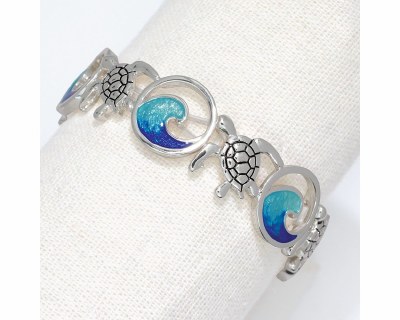 Silver Toned and Blue Sea Turtle and Wave Bracelet