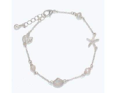 Silver Toned Sealife Charms With Faux Pearls Bracelet