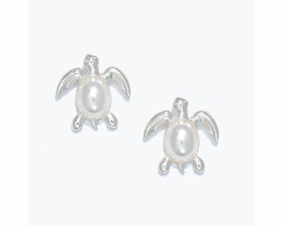 Silver Toned and Faux Pearl Sea Turtle Earrings