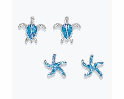 Set of Two Silver Toned and Aqua Sea Turtle and Starfish Earrings