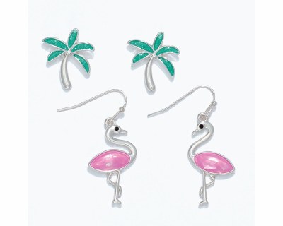 Set of Two Silver Toned and Multicolor Palm Tree and Flamingo Earrings