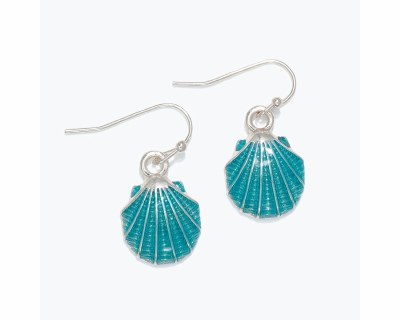 Silver Toned and Aqua Scallop Shell Earrings