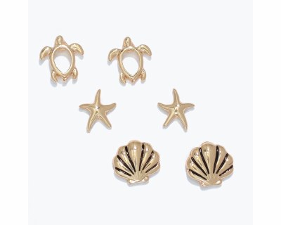 Set of Three Gold Toned Sea Turtle, Starfish, and Scallop Shell Earrings