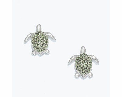 Silver Toned and Green Bling Sea Turtle Earrings