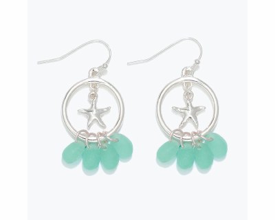 Silver Toned Starfish and Green Beads Earrings