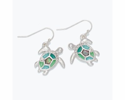 Silver Toned and Green Sea Turtle Earrings