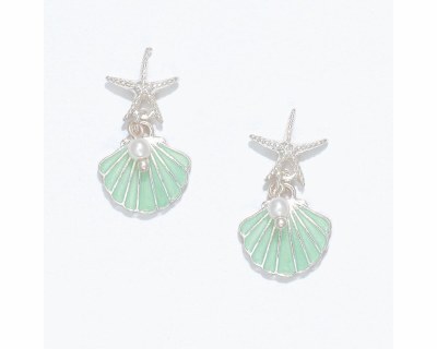 Silver Toned and Green Starfish and Scallop Shell Earrings