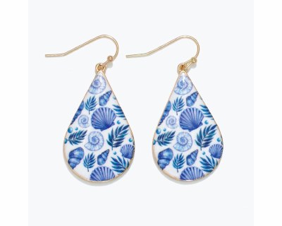 Gold Toned, Blue, and White Seashell Drop Earrings