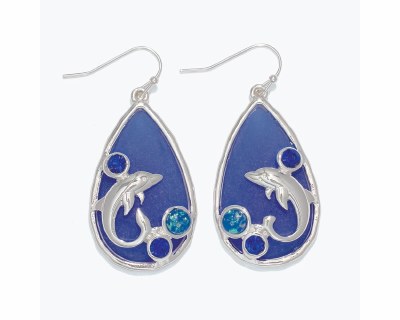 Silver Toned and Dark Blue Dolphin Earrings