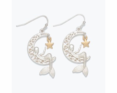 Silver and Gold Toned Mermaid on the Moon Earrings