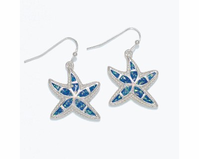 Silver Toned, Blue, and Green Starfish Earrings