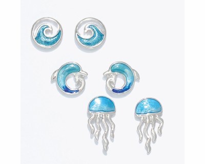 Set of Three Silver Toned and Blue Dolphin, Wave, and Jellyfish Earrings