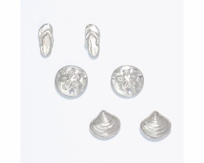 Set of Three Silver Toned Flip Flop, Seashell, and Sand Dollar Earrings