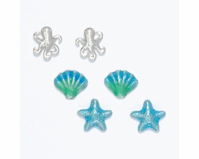 Set of Threre Silver Toned and Blue Starfish, Scallop Shell, and Octopus Earrings