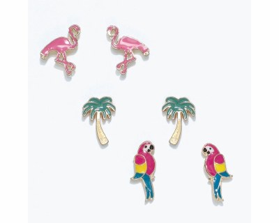 Set of Three Gold Toned Colorful Palm Tree, Parrot, and Flamingo Earrings