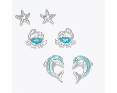 Set of Three Silver Toned and Blue Starfish, Crab, and Dolphin Earrings