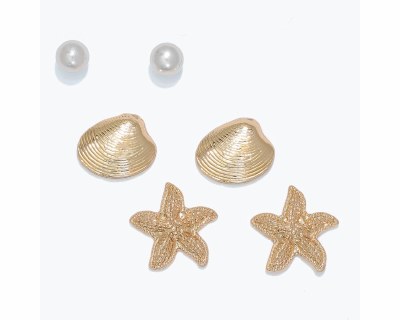 Set of Three Gold Toned and Faux Pearl, Clam Shell, and Starfish Earrings