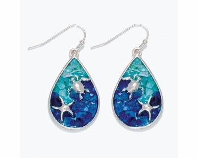 Silver Toned and Blue Sea Turtle and Starfish Earrings