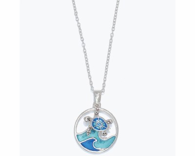 Silver Toned and Blue Sea Turtle on a Wave Necklace