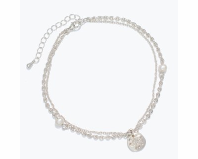 Silver Toned Sand Dollar and Faux Pearls Anklet